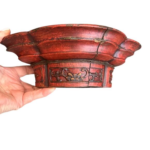 Vintage Hand Created Chinese Carved Wooden Red Gold Bowl - Picture 2 of 12